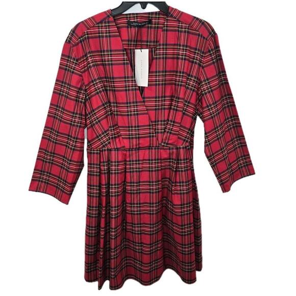 Zara Womens Red Plaid Mini Dres 100% Cotton Long Sleeves V-neck Size S - Picture 1 of 13